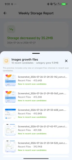 FreeUp Cleaner category growth preview showing recent image candidates