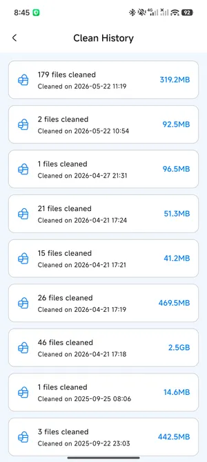 FreeUp Cleaner clean history screen showing files cleaned and storage saved