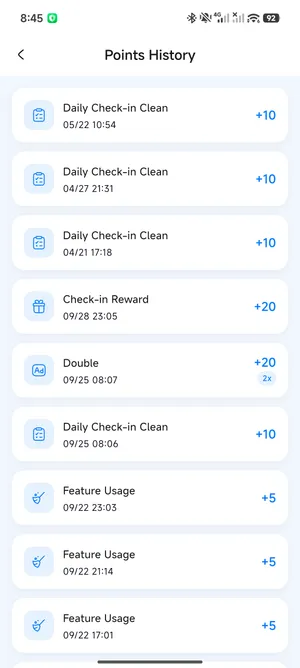 FreeUp Cleaner points history screen showing check-in rewards and feature usage points