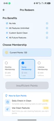 FreeUp Cleaner Pro redeem screen showing no ads and membership options