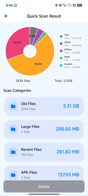FreeUp Cleaner quick scan result screen showing storage categories and file sizes