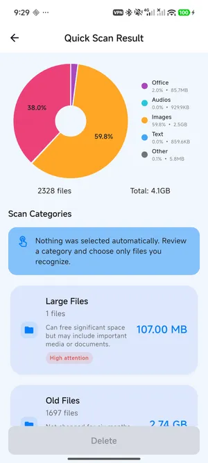 FreeUp Cleaner quick scan result with storage chart and review-first category guidance