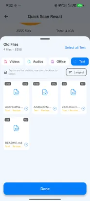 FreeUp Cleaner file review sheet with file type filters, sorting, and selectable cards