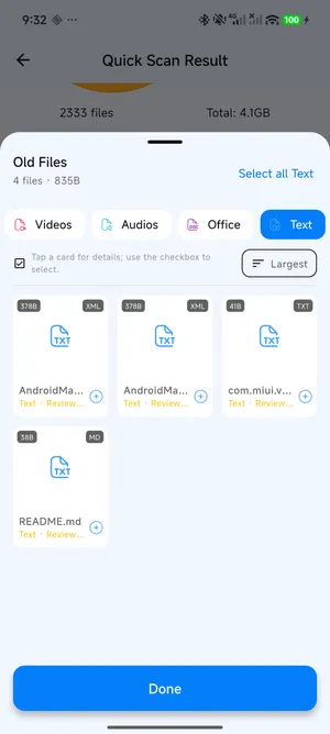 FreeUp Cleaner file review sheet with file type filters, sorting, and selectable cards