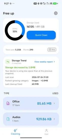 FreeUp Cleaner home screen showing storage trend, recent scan, and cleanup results