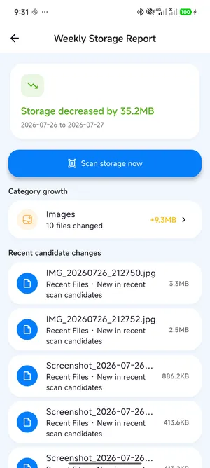 FreeUp Cleaner weekly storage report showing category growth and recent file changes