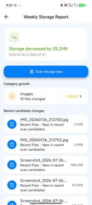 FreeUp Cleaner weekly storage report showing category growth and recent file changes